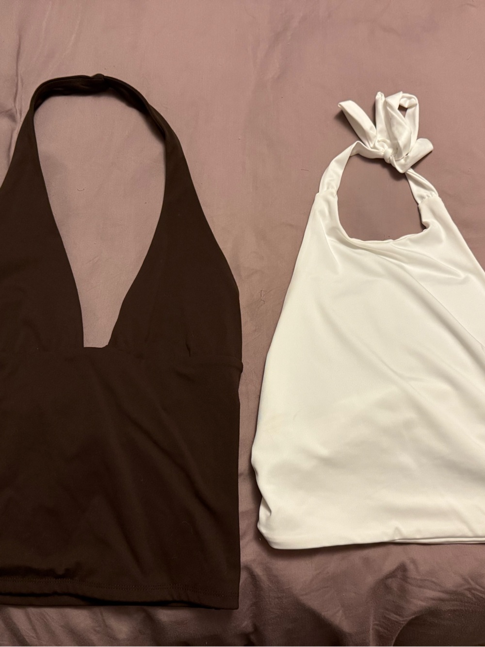 Garage Halter Crop Tops in Brown and White